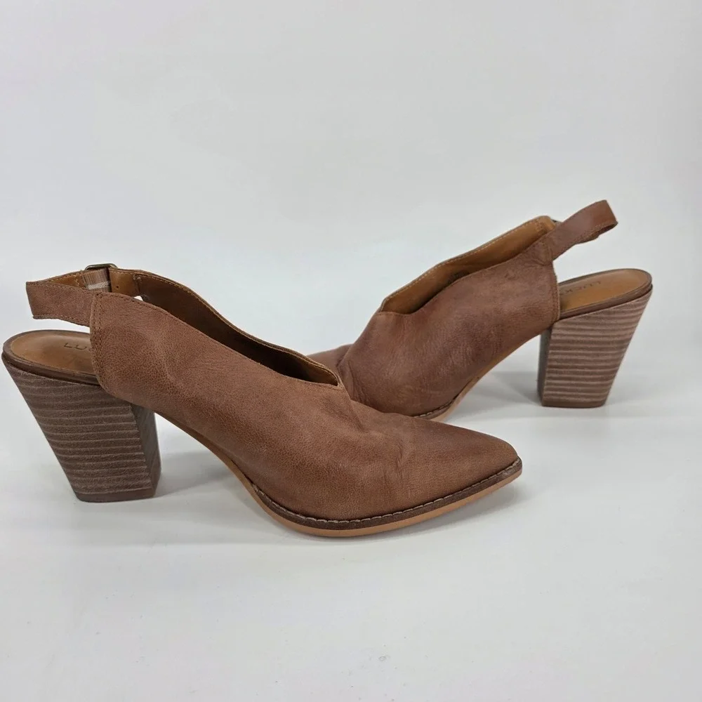 Lucky Brand Aroyli Slingback Brown‎ Leather Shootie Boots Wood Stacked Heels 8.5